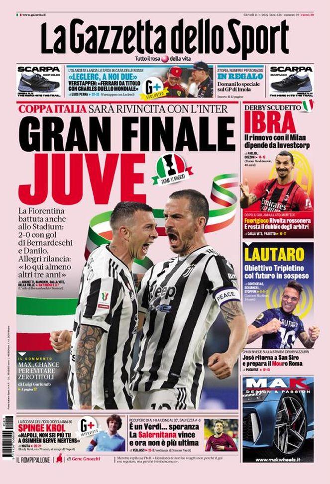 Prima Pagina, La Gazzetta dello Sport: “Gran finale Juve. Ibra e Lautaro…”  Prima Pagina, La Gazzetta dello Sport: “Gran finale Juve. Ibra e Lautaro…” - immagine 1