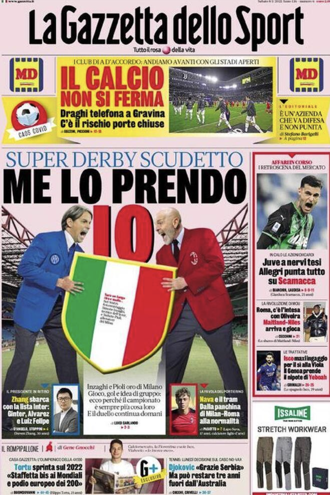 Prima Pagina, La Gazzetta dello Sport: “Super derby Scudetto. Allegri punta Scamacca”  prima pagina