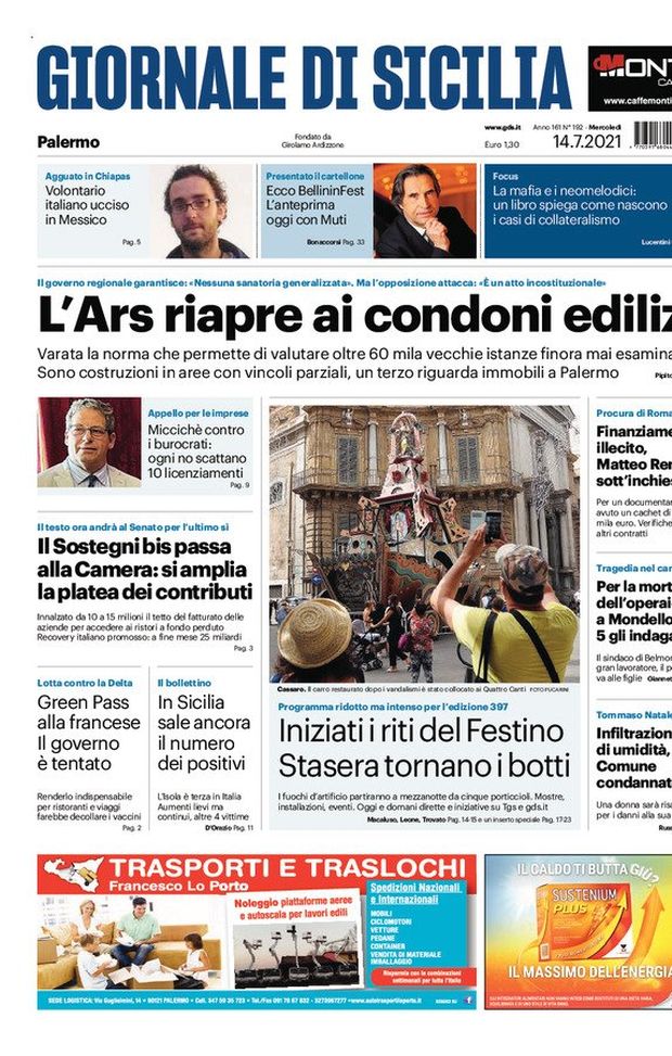 Prima Pagina, Giornale di Sicilia: “I riti del festino. Stasera tornano i botti” 