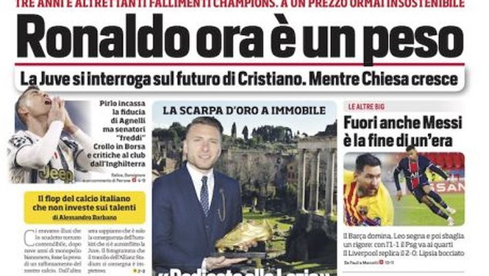 Prima Pagina, Corriere dello Sport: “Ronaldo ora è un peso. Fuori anche Messi, è la fine di un’era” Prima Pagina, Corriere dello Sport: “Ronaldo ora è un peso. Fuori anche Messi, è la fine di un’era”