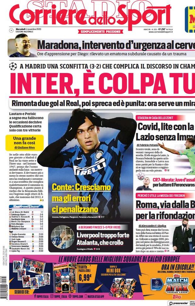  Corriere dello Sport, la prima pagina di oggi, mercoledì 4 novembre 2020 