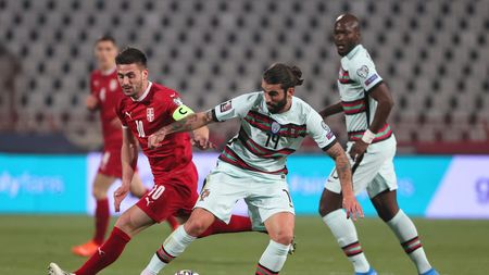 BELGRADE, SERBIA - MARCH 27: Sergio Oliveira of Portugal and Dusan Tadic of Serbia battle for the ball during the FIFA World Cup 2022 Qatar qualifying match between Serbia and Portugal at FK Crvena Zvezda stadium on March 27, 2021 in Belgrade, Serbia. Sporting stadiums around Serbia remain under strict restrictions due to the Coronavirus Pandemic as Government social distancing laws prohibit fans inside venues resulting in games being played behind closed doors. (Photo by Srdjan Stevanovic/Getty Images) BELGRADE, SERBIA - MARCH 27: Sergio Oliveira of Portugal and Dusan Tadic of Serbia battle for the ball during the FIFA World Cup 2022 Qatar qualifying match between Serbia and Portugal at FK Crvena Zvezda stadium on March 27, 2021 in Belgrade, Serbia. Sporting stadiums around Serbia remain under strict restrictions due to the Coronavirus Pandemic as Government social distancing laws prohibit fans inside venues resulting in games being played behind closed doors. (Photo by Srdjan Stevanovic/Getty Images)