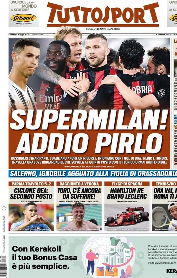 Prima Pagina, Tuttosport: “Super Milan, addio Pirlo! Ciclone Dea e secondo posto”  Prima Pagina, Tuttosport: “Super Milan, addio Pirlo! Ciclone Dea e secondo posto”