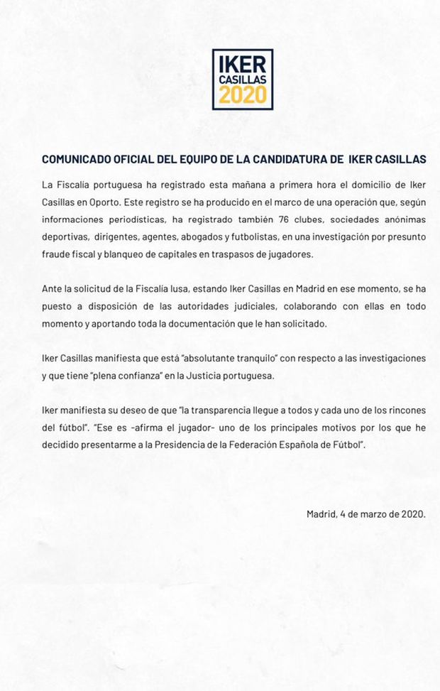 Il comunicato ufficiale di Iker Casillas 