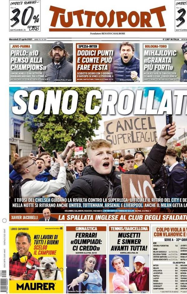  Tuttosport, la prima pagina di oggi, mercoledì 21 aprile 2021 