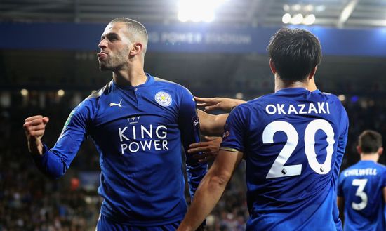  LEICESTER, ENGLAND - SEPTEMBER 19: Islam Slimani of Leicester City celebrates scoring his sides second goal with Shinji Okazaki of Leicester City during the Carabao Cup Third Round match between Leicester City and Liverpool at The King Power Stadium on September 19, 2017 in Leicester, England. (Photo by Matthew Lewis/Getty Images) 