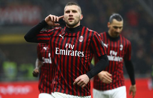  MILAN, ITALY - FEBRUARY 17: Ante Rebic of AC Milan celebrates after scoring the opening goal during the Serie A match between AC Milan and Torino FC at Stadio Giuseppe Meazza on February 17, 2020 in Milan, Italy. (Photo by Marco Luzzani/Getty Images) 