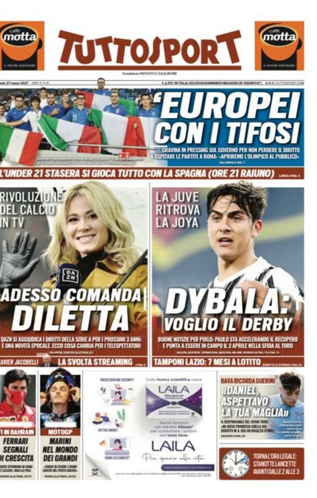 Prima Pagina, Tuttosport: “Adesso comanda Diletta, Serie A a Dazn. Europei con i tifosi, Gravina in pressing sul governo” Prima Pagina, Tuttosport: “Adesso comanda Diletta, Serie A a Dazn. Europei con i tifosi, Gravina in pressing sul governo”