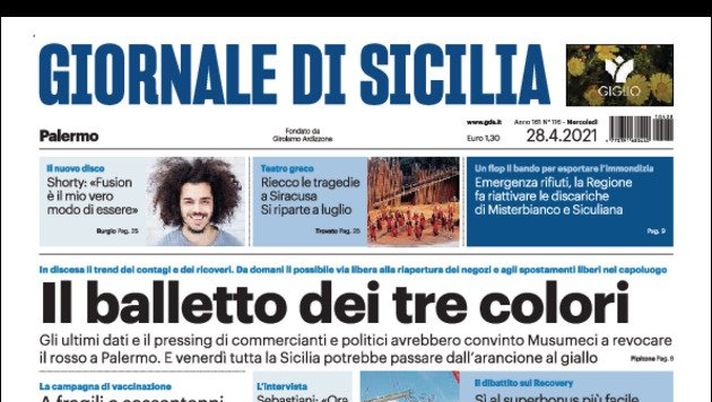 Prima Pagina, Giornale di Sicilia: “Il balletto dei tre colori. Venerdì tutta la Sicilia potrebbe passare al giallo” 