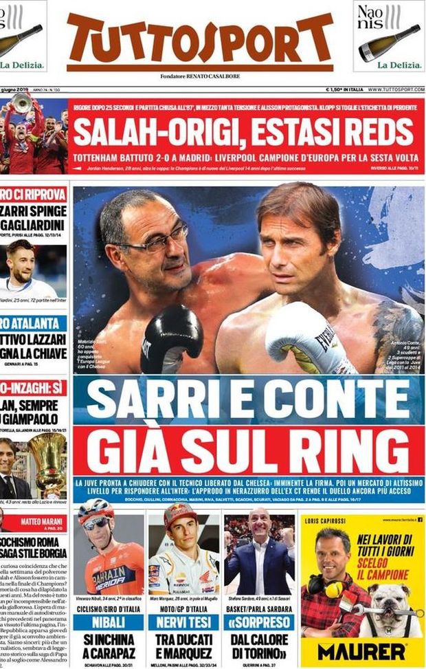 Prima Pagina, Tuttosport: “Sarri e Conte, già sul ring. Salah-Origi, estasi Reds”  Prima Pagina, Tuttosport: “Sarri e Conte, già sul ring. Salah-Origi, estasi Reds”