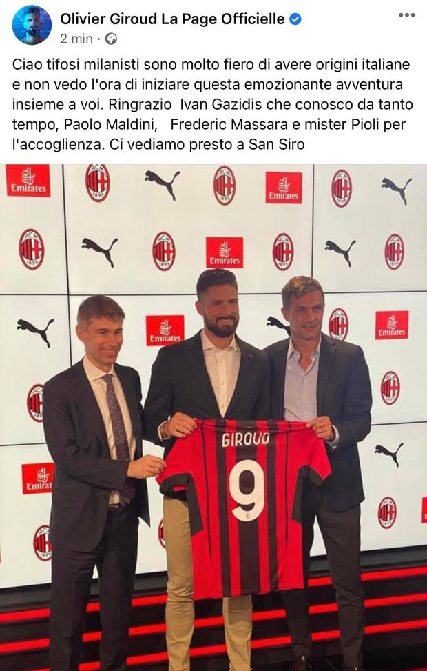Olivier Giroud e il post scritto su Facebook per salutare i tifosi del Milan Olivier Giroud e il post scritto su Facebook per salutare i tifosi del Milan