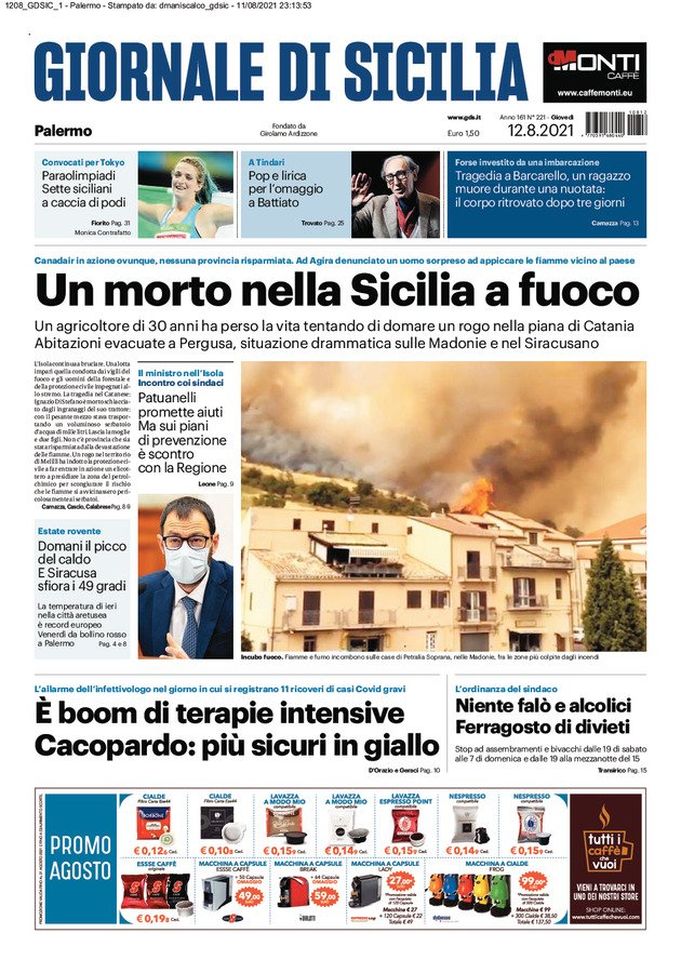 Prima Pagina, Giornale di Sicilia: “Un morto nella Sicilia a fuoco” 