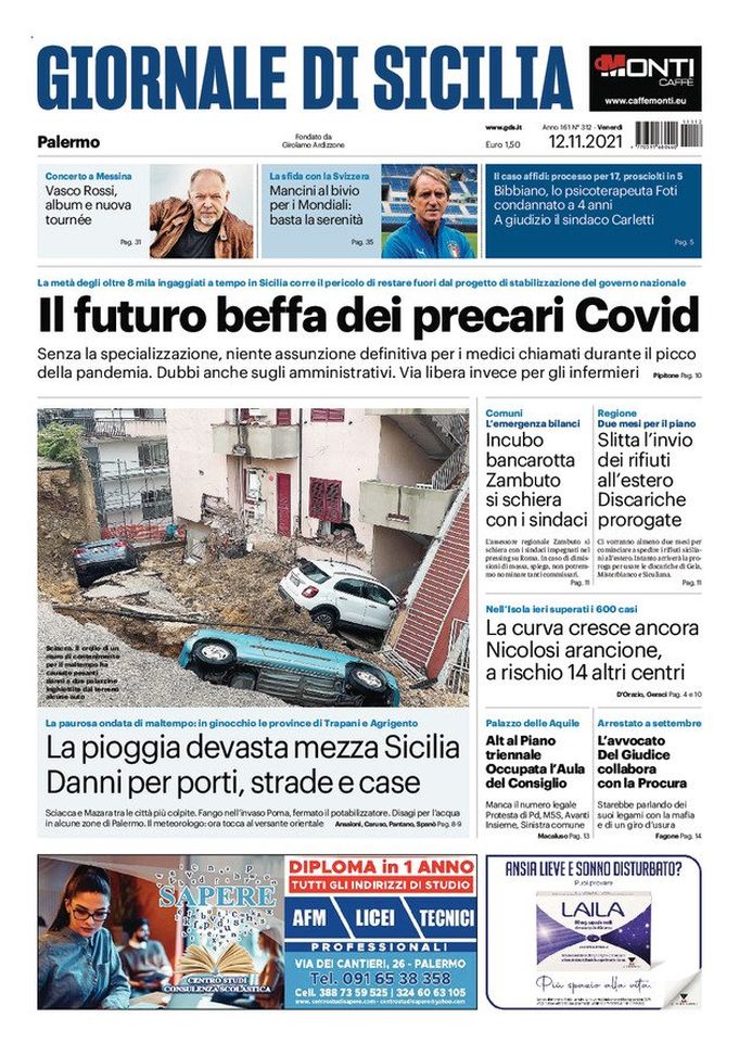 Prima Pagina, Giornale di Sicilia: “La pioggia devasta la Sicilia. Mancini al bivio” Prima Pagina