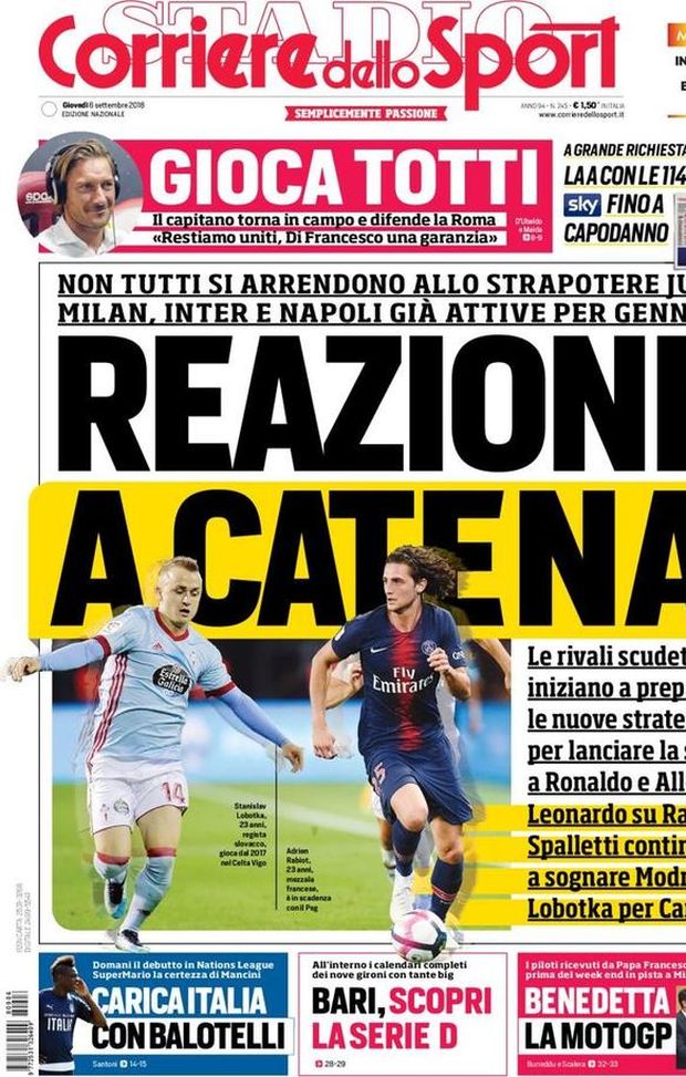 Prima Pagina, Corriere dello Sport: “Reazione a catena. Gioca Totti. Carica Italia con Balotelli…” Prima Pagina, Corriere dello Sport: “Reazione a catena. Gioca Totti. Carica Italia con Balotelli…”