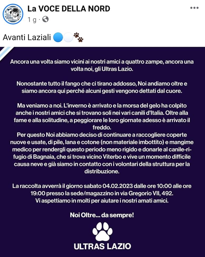 Lazio, iniziativa anti-gelo degli ultras: per gli amici a quattro zampe…- immagine 2