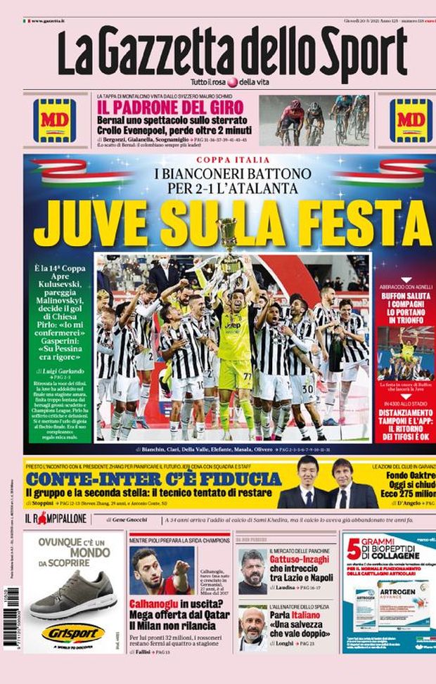 Prima Pagina, La Gazzetta dello Sport: “Juve su la festa. Conte-Inter, c’è fiducia. Calhanoglu in uscita?” Prima Pagina, La Gazzetta dello Sport: “Juve su la festa. Conte-Inter, c’è fiducia. Calhanoglu in uscita?”