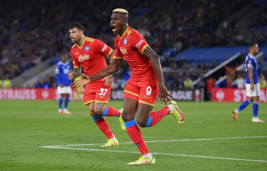 LEICESTER, ENGLAND - SEPTEMBER 16: Victor Osimhen of SSC Napoli celebrates after scoring their side's second goal during the UEFA Europa League group C match between Leicester City and SSC Napoli at The King Power Stadium on September 16, 2021 in Leicester, England. (Photo by Laurence Griffiths/Getty Images) LEICESTER, ENGLAND - SEPTEMBER 16: Victor Osimhen of SSC Napoli celebrates after scoring their side's second goal during the UEFA Europa League group C match between Leicester City and SSC Napoli at The King Power Stadium on September 16, 2021 in Leicester, England. (Photo by Laurence Griffiths/Getty Images)