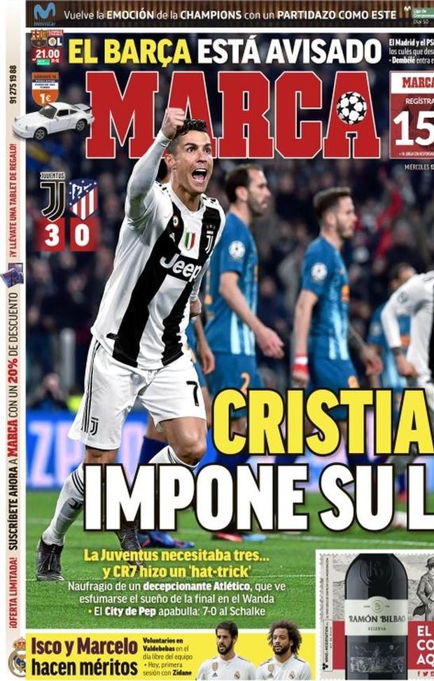 Prima Pagina, Marca: “Cristiano impone la sua legge. Il City travolge lo Schalke. Il Barcellona è avvisato…” Prima Pagina, Marca: “Cristiano impone la sua legge. Il City travolge lo Schalke. Il Barcellona è avvisato…”