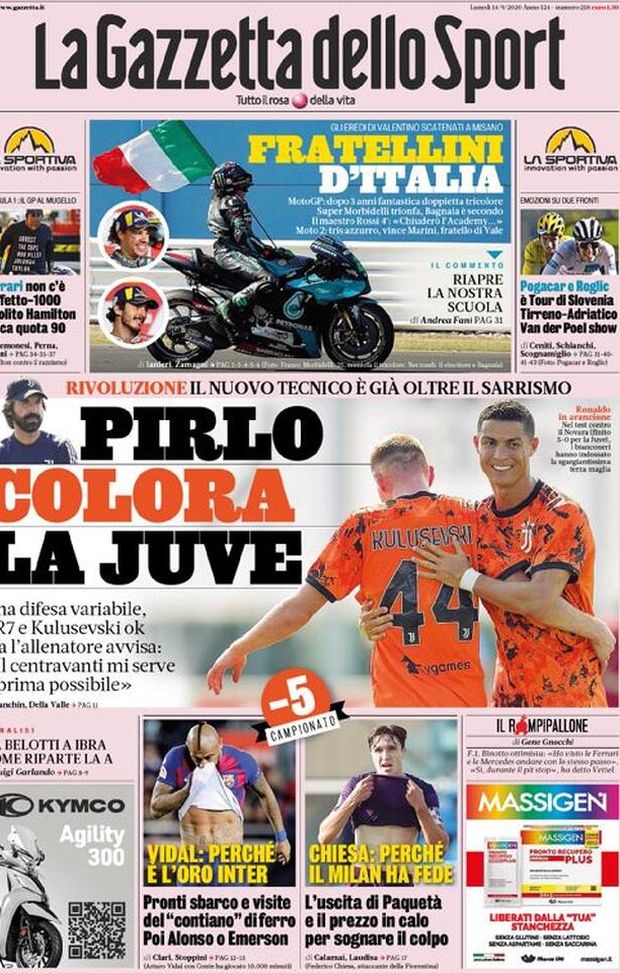 GAZZETTA DELLO SPORT &#8211; La prima pagina di oggi, 14 settembre 2020 