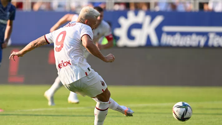 ZALAEGERSZEG, HUNGARY - JULY 23: Olivier Giroud of AC Milan takes a penalty kick during the Pre-season Friendly match between Zalaegerszegi TE and AC Milan on July 23, 2022 in Zalaegerszeg, Hungary. (Photo by Claudio Villa/AC Milan via Getty Images)