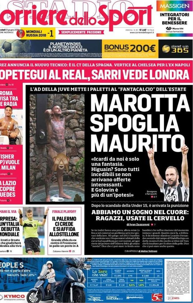 Prima Pagina, Corriere dello Sport: “Marotta spoglia Maurito. Il Palermo ci crede e si affida allo Stellone…” Prima Pagina, Corriere dello Sport: “Marotta spoglia Maurito. Il Palermo ci crede e si affida allo Stellone…”