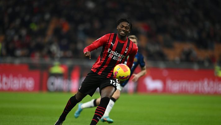 MILAN, ITALY - MARCH 01: Rafael Leao of AC Milan in action during the Coppa Italia Semi Final 1st Leg match between AC Milan and FC Internazionale at Stadio Giuseppe Meazza on March 01, 2022 in Milan, Italy. (Photo by Claudio Villa/AC Milan via Getty Images)