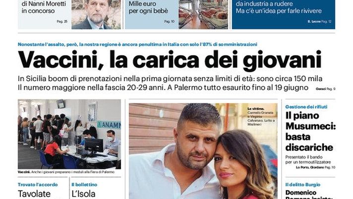 Prima Pagina, Giornale di Sicilia: “Vaccini, la carica dei giovani. L’isola verso il bianco”  Prima Pagina, Giornale di Sicilia: “Vaccini, la carica dei giovani. L’isola verso il bianco”