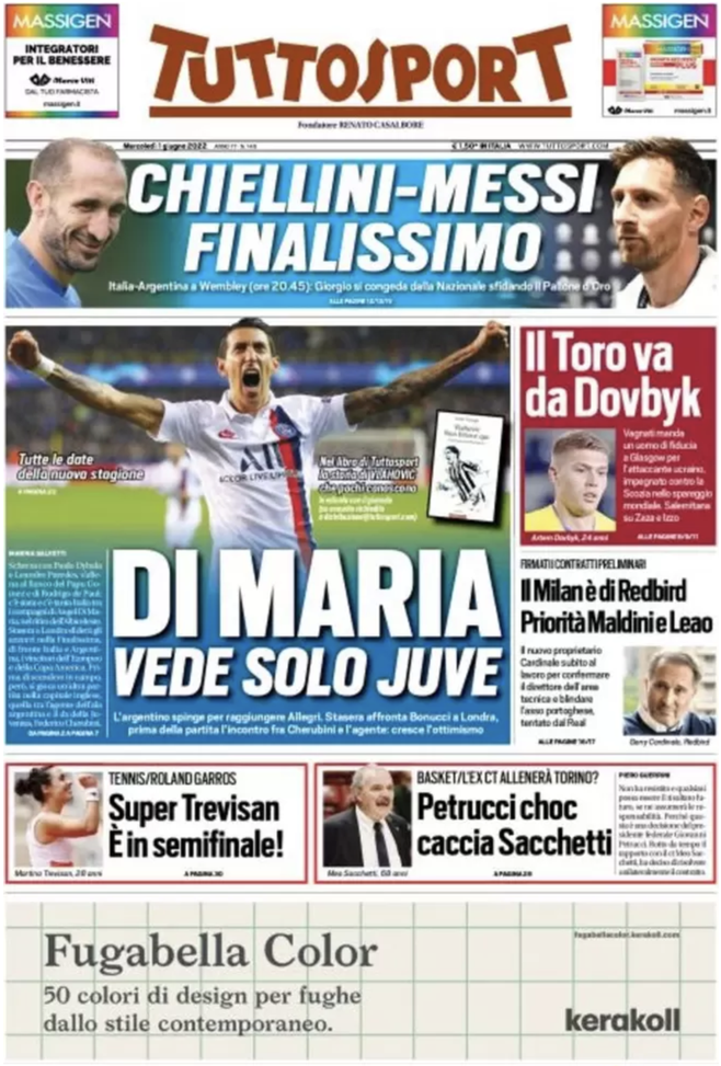 Prima Pagina, Tuttosport: “Di Maria vede solo Juve. Chiellini-Messi, finalissimo”  prima pagina