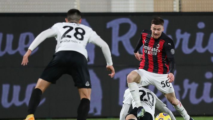 Alexis Saelemaekers, esterno d'attacco dell'AC Milan, durante Spezia-Milan (Getty Images) 