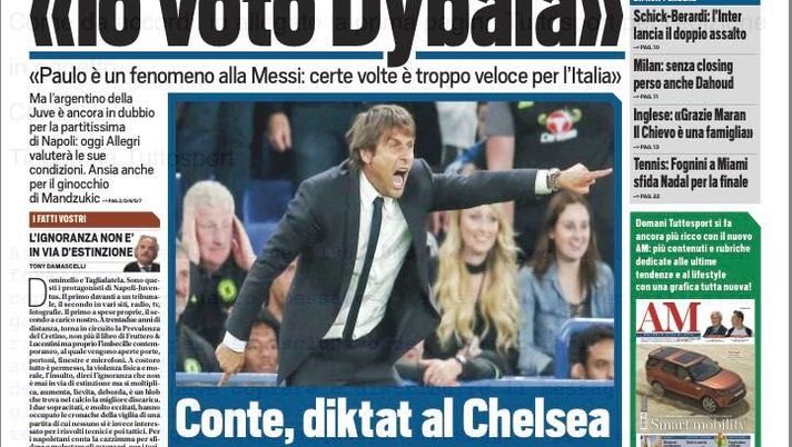 Prima Pagina, Tuttosport: “Higuain-San Paolo, brividi e gol. Maradona ‘Io voto Dybala’, ma Paulo è in dubbio” 
