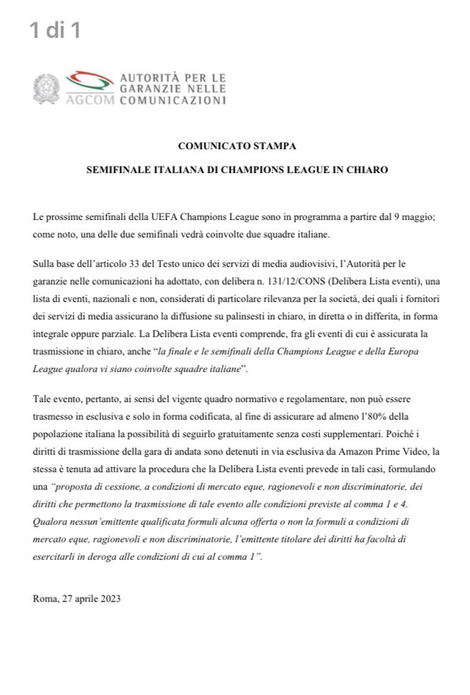 Derby di Champions, l’Agcom: “Milan-Inter va trasmessa in chiaro”- immagine 4