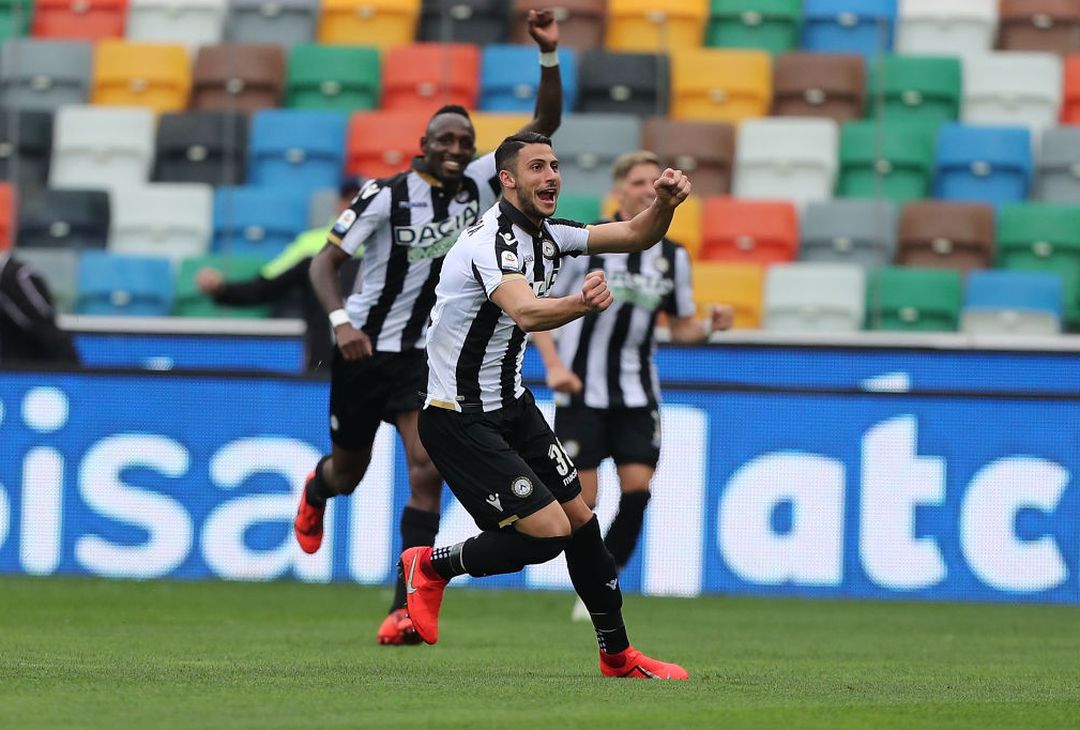  UDINE, ITALY - APRIL 07: Rolando Mandragora of Udinese celebrates after scoring a goal during the Serie A match between Udinese and Empoli at Stadio Friuli on April 7, 2019 in Udine, Italy.  (Photo by Gabriele Maltinti/Getty Images) 