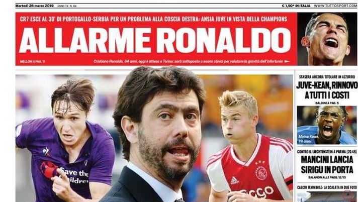 Prima Pagina, Tuttosport: &#8220;Il ruggito di Agnelli. Allarme Ronaldo. Mancini lancia Sirigu. Da uno a 40 mila&#8221; 