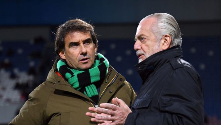REGGIO NELL'EMILIA, ITALY - DECEMBER 22: Giovanni Carnevali of US Sassuolo talks with Aurelio De Laurentiis of SSC Napoli during the Serie A match between US Sassuolo and SSC Napoli at Mapei Stadium - Citta del Tricolore on December 22, 2019 in Reggio nell'Emilia, Italy (Photo by Alessandro Sabattini/Getty Images) Sassuolo, l’ad: “Fallimento se non si riparte! C’è chi può nascondere i positivi con finti infortuni…” - immagine 1