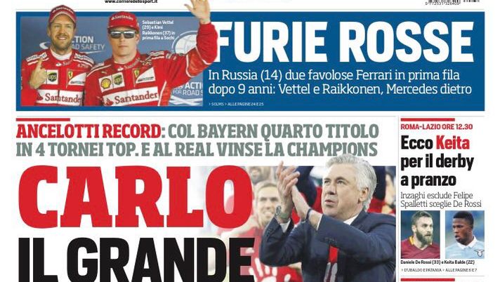 Prima Pagina, Corriere dello Sport: “Carlo il grande. Nessuno come Ancelotti”. Su Roma-Lazio e Inter-Napoli… Prima Pagina, Corriere dello Sport: “Carlo il grande. Nessuno come Ancelotti”. Su Roma-Lazio e Inter-Napoli…