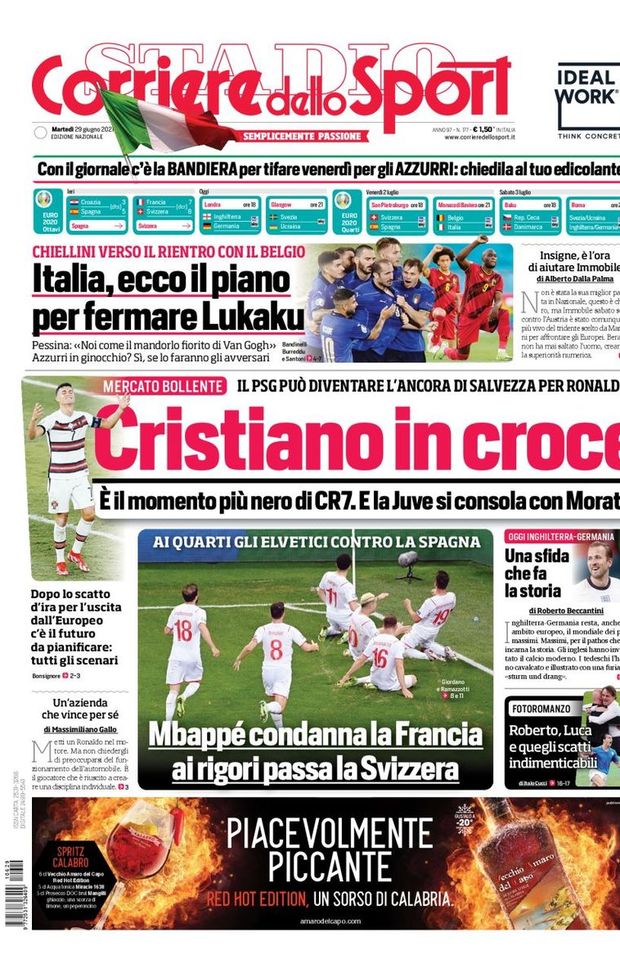 Prima Pagina, Corriere dello Sport: “Cristiano in croce. Italia, il piano per fermare Lukaku“ 