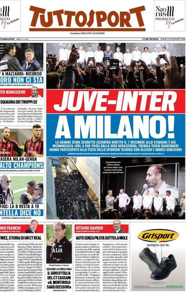 Prima Pagina, Tuttosport: “Juve-Inter a Milano! Assalto Champions. Figc: la B resta a 19, l’Entella…” Prima Pagina, Tuttosport: “Juve-Inter a Milano! Assalto Champions. Figc: la B resta a 19, l’Entella…”