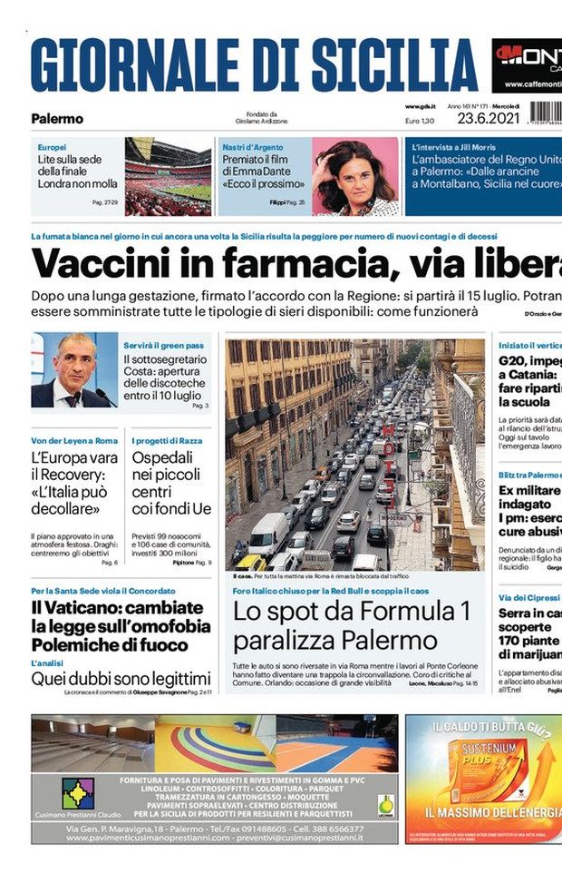 Prima Pagina,Giornale di Sicilia: &#8220;Vaccini in farmacia. Lite sulla sede della finale&#8221; 