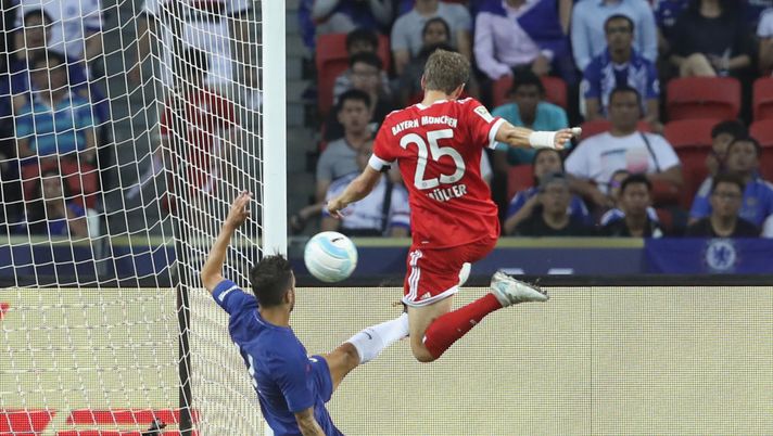 SINGAPORE - JULY 25: Thomas Mueller of Bayern Muenchen scores the opening goal during the International Champions Cup 2017 match between Bayern Muenchen and Chelsea FC at National Stadium on July 25, 2017 in Singapore, Singapore. (Photo by Alexander Hassenstein/Bongarts/Getty Images) SINGAPORE - JULY 25: Thomas Mueller of Bayern Muenchen scores the opening goal during the International Champions Cup 2017 match between Bayern Muenchen and Chelsea FC at National Stadium on July 25, 2017 in Singapore, Singapore. (Photo by Alexander Hassenstein/Bongarts/Getty Images)