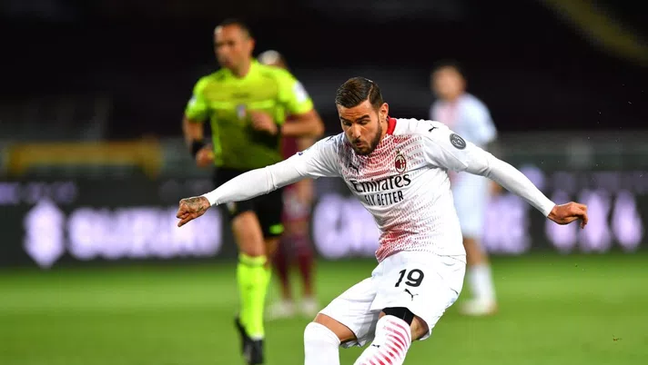 TURIN, ITALY - MAY 12: Theo Hernandez of A.C. Milan scores their side's first goal during the Serie A match between Torino FC  and AC Milan at Stadio Olimpico di Torino on May 12, 2021 in Turin, Italy. Sporting stadiums around Italy remain under strict restrictions due to the Coronavirus Pandemic as Government social distancing laws prohibit fans inside venues resulting in games being played behind closed doors. (Photo by Valerio Pennicino/Getty Images)