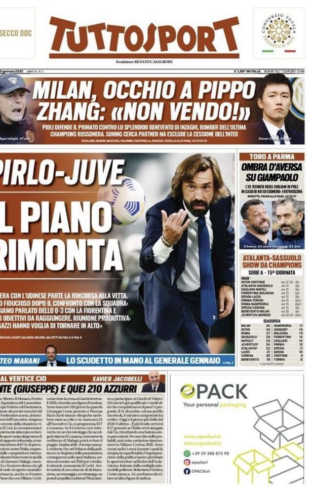Prima Pagina, Tuttosport: &#8220;Pirlo-Juve, il piano rimonta. Atalanta-Sassuolo show da Champions&#8221; 