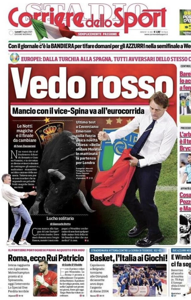 Prima Pagina, Corriere dello Sport: “Vedo rosso. Mancio va all’eurocorrida” Prima Pagina, Corriere dello Sport: “Vedo rosso. Mancio va all’eurocorrida”