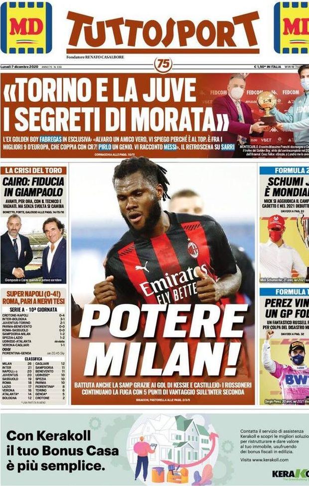 Tuttosport, la prima pagina di oggi, lunedì 7 dicembre 2020 Tuttosport, la prima pagina di oggi, lunedì 7 dicembre 2020