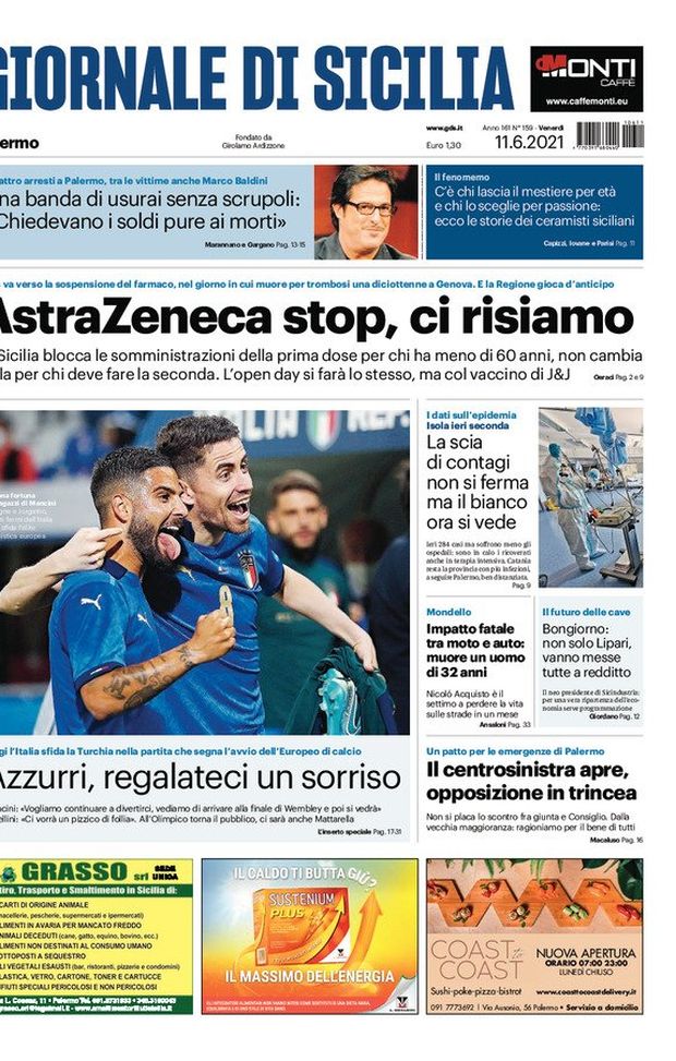 Prima Pagina, Giornale di Sicilia: &#8220;AstraZeneca stop. Azzurri regalateci un sorriso&#8221; 