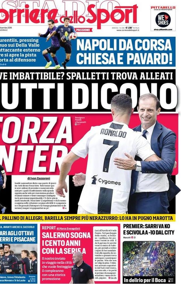 Prima Pagina, Corriere dello Sport: “Tutti dicono forza Inter. Napoli: Chiesa e Pavard! Isco pallino di Allegri…” Prima Pagina, Corriere dello Sport: “Tutti dicono forza Inter. Napoli: Chiesa e Pavard! Isco pallino di Allegri…”