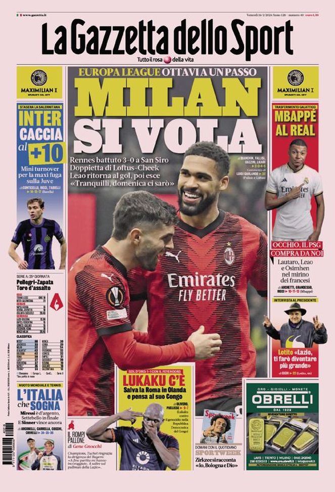 Prima Pagina La Gazzetta dello Sport 16-02-2024