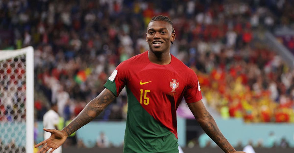 Rafael Leão celebrating during the FIFA World Cup Qatar 2022 Group H match  between Portugal and Ghana at Stadium 974 on November 24, 2022 in Doha,  Qatar. (Photo by Clive Brunskill/Getty Images)