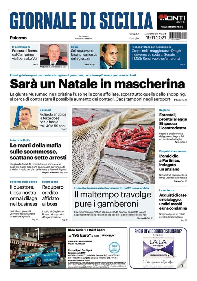 Prima Pagina, Giornale di Sicilia: “Sarà un Natale in mascherina”  Prima Pagina
