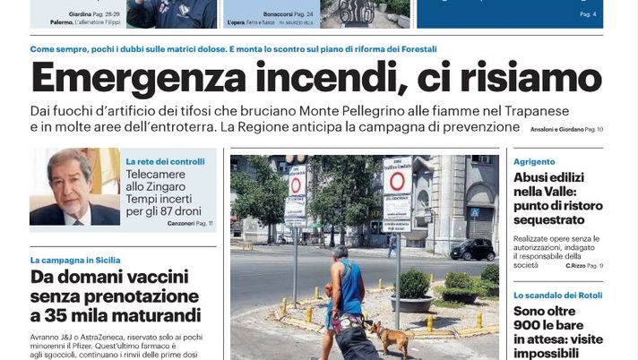 Prima Pagina, Giornale di Sicilia: “Emergenza incendi, ci risiamo. Difesa blindata, Filippi ha l’arma in più”  Prima Pagina, Giornale di Sicilia: “Emergenza incendi, ci risiamo. Difesa blindata, Filippi ha l’arma in più”