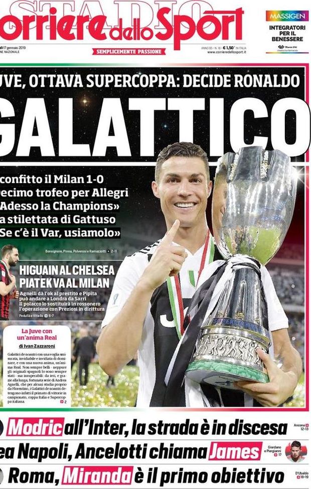 Prima Pagina, Corriere dello Sport: “Galattico. Modric all’Inter. Idea Napoli. Roma, Miranda…” Prima Pagina, Corriere dello Sport: “Galattico. Modric all’Inter. Idea Napoli. Roma, Miranda…”